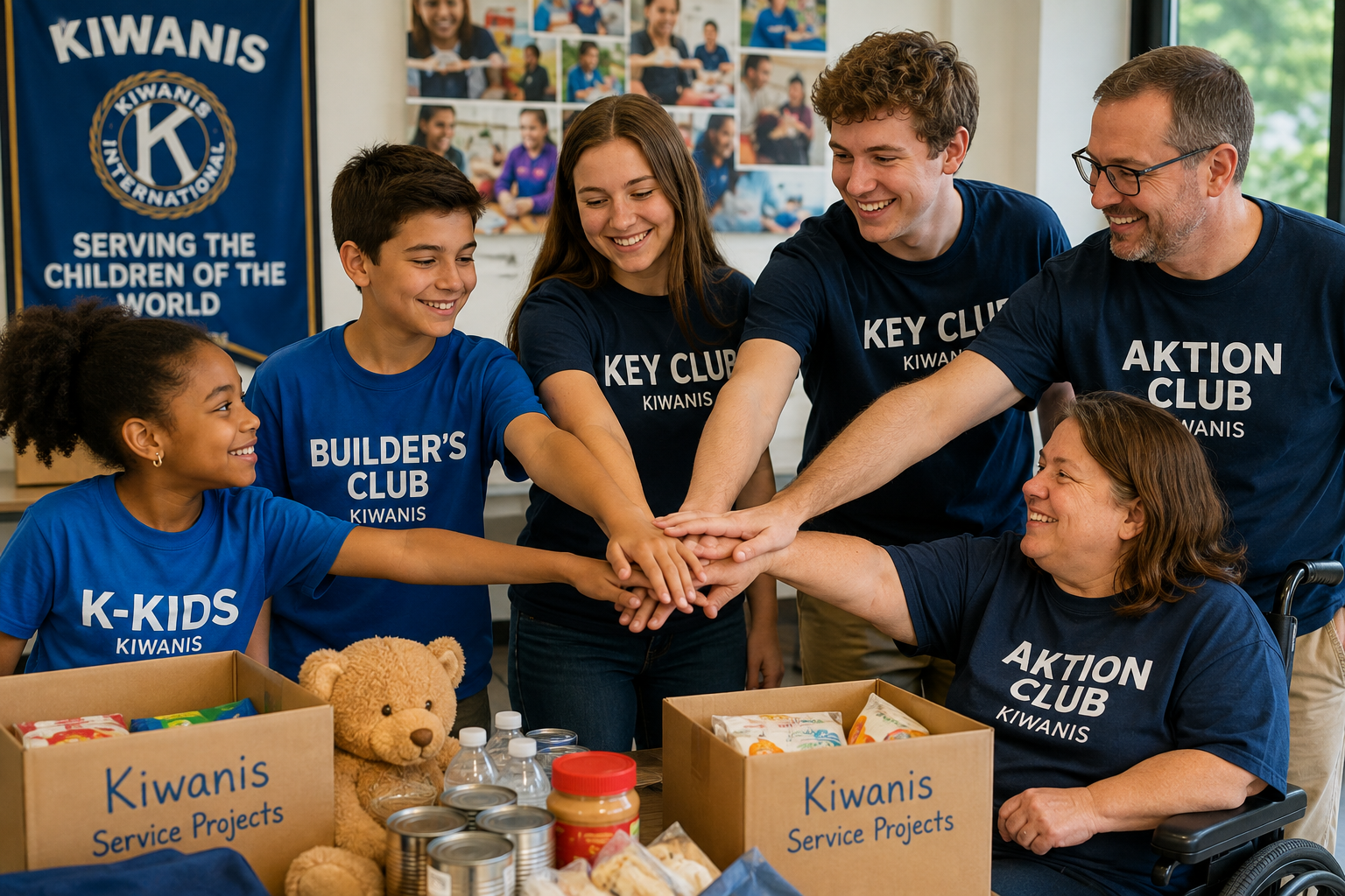 Kiwanis service club members of different ages working together on a community service project